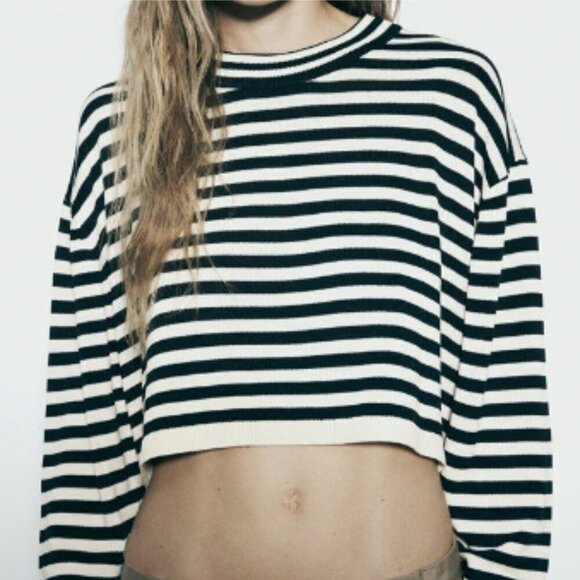 NWT Zara Blue and Cream Striped Crew Neck Long Sleeve Crop Top Size Small - Picture 1 of 12